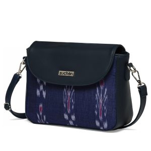 suchen Sling Bag for Women | Vegan Leather Crossbody with Sambalpuri Ikat Fabric | Lightweight, Stylish & Adjustable Strap | Perfect for Daily Use & Gifting- Blue