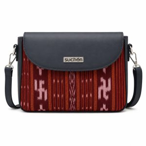 SUCHEN Sling Bag for Women | Vegan Leather Crossbody with Sambalpuri Fabric | Lightweight, Stylish & Adjustable Strap | Perfect for Daily Use & Gifting (Navy Blue + Maroon Fabric)