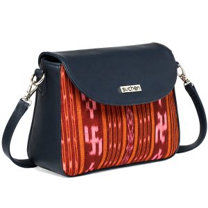 SUCHEN Sling Bag for Women | Vegan Leather Crossbody with Sambalpuri Fabric | Lightweight, Stylish & Adjustable Strap | Perfect for Daily Use & Gifting (Navy Blue + Maroon Fabric)